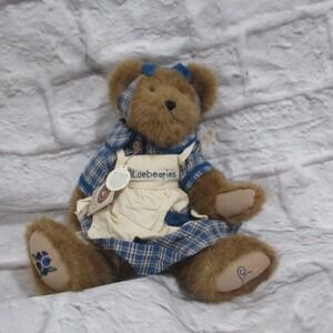 Boyds Collection Muffin B Bluebeary Plush Bear 14 in Blue Plaid Dress Apron vtg